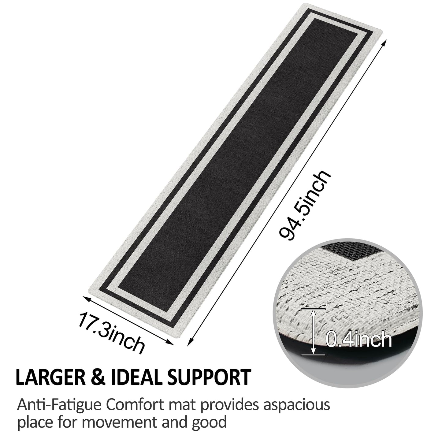 ATRUG Anti Fatigue Kitchen Mats Memory Foam Cushioned Rugs Non Skid Large Kitchen Rugs Comfort Standing Desk Mats for Kitchen Floor Office Home Laundry Room Waterproof Ergonomic Black 17.3"x 94.5"