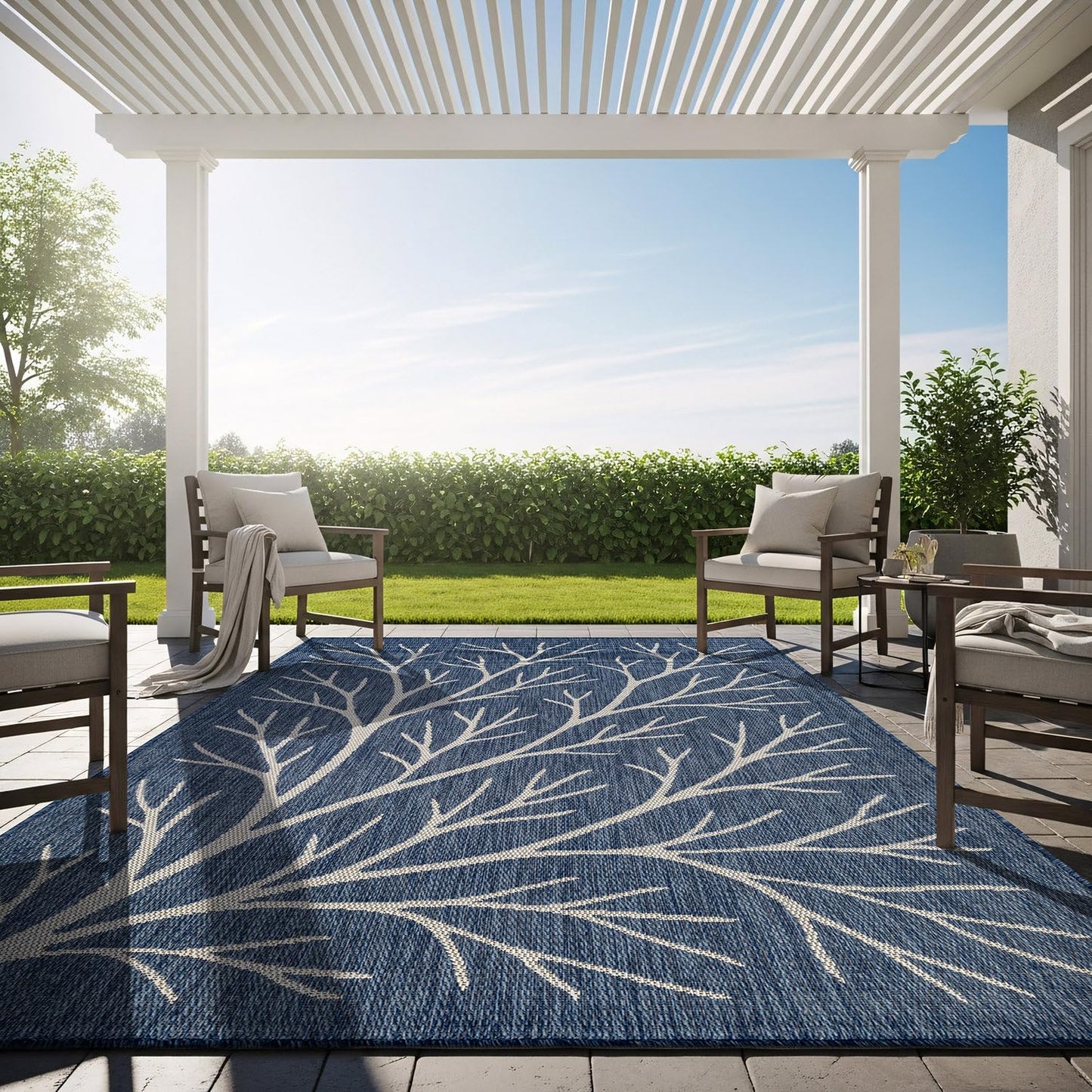 Washable Indoor Outdoor Rug 5x7 Modern Area Rugs Branch Pattern Non Shedding Waterproof Easy Clean Patio Deck Porch Living Room Bedroom Garden RV (5 X 7 Blue)