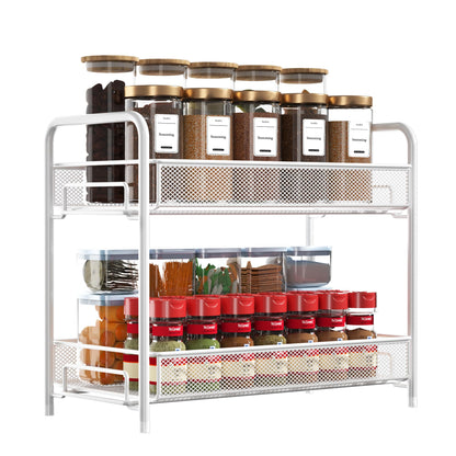 Spice Rack Organizer for Countertop,Xpatee 2-Tier Foldable Metal Rust-Proof Standing Large Seasoning Storage Shelf with Guardrail and Mesh Design for Kitchen Cabinet Bathroom Living Room Pantry, Black