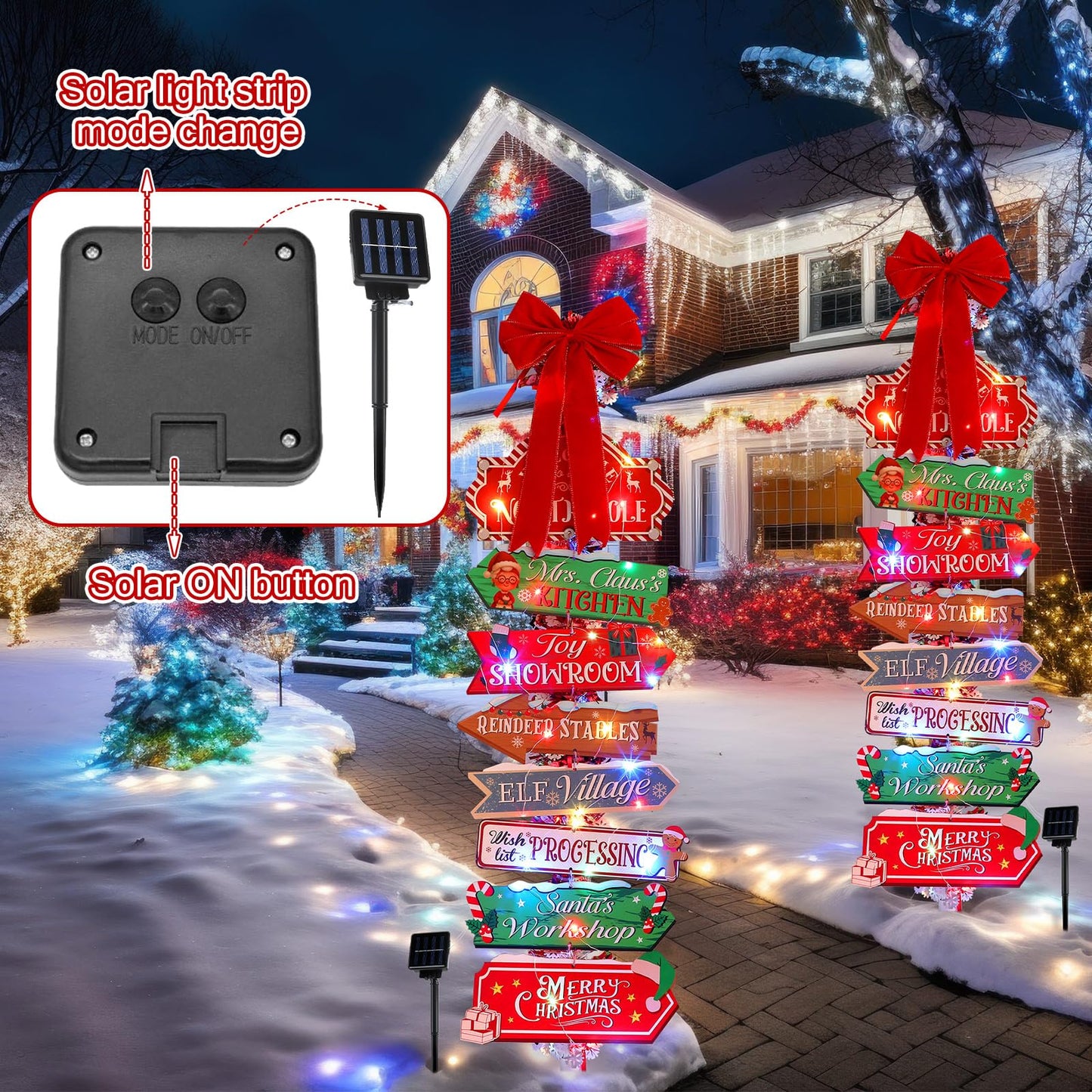 Colingmill Christmas Lamp Post Light Decorations with 8 Merry Christmas Yard Wooden Signs 16.4ft 50led Solar Light String 2 Xmas Tinsel Garlands Red Velvet Bow for Outdoor Holiday Post Lamp Yard Decor