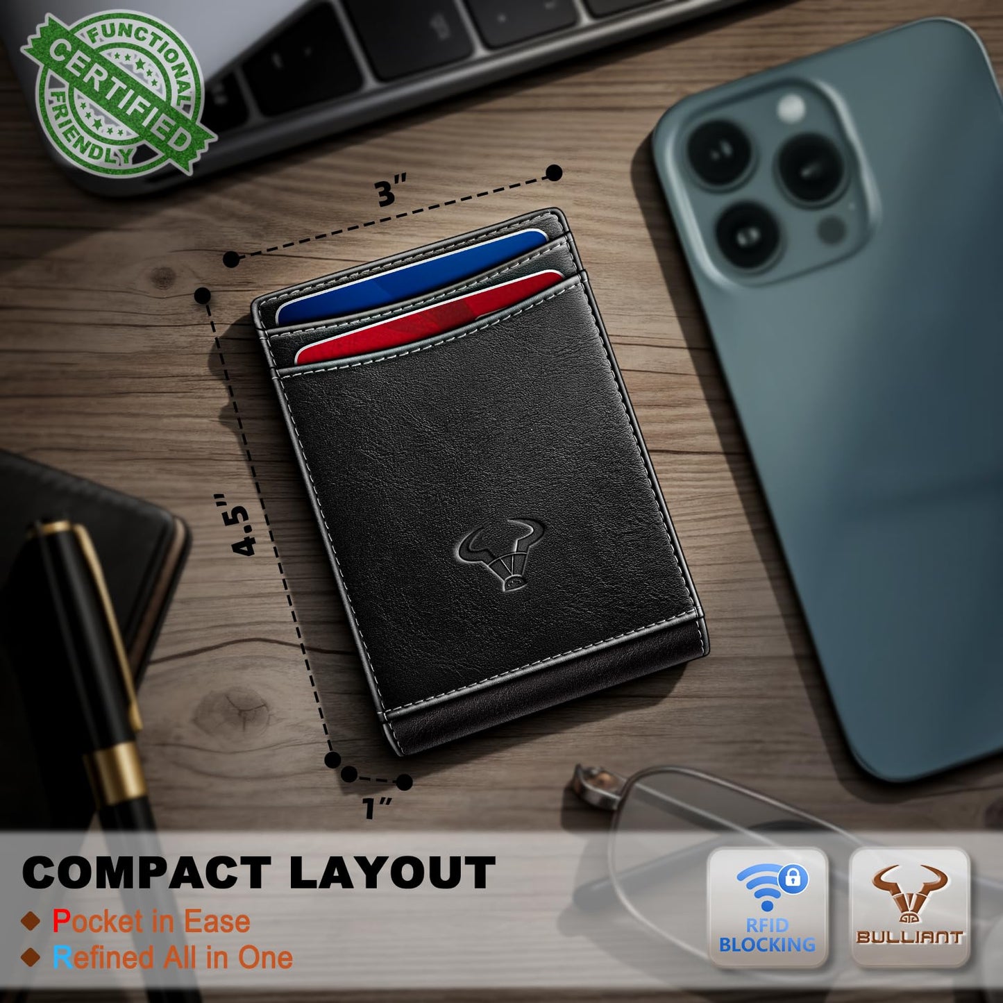 BULLIANT Men Wallet,Maganetic Slim Wallet Money Clip Card Holder 11Cards RFID Blocking Pocket Fit