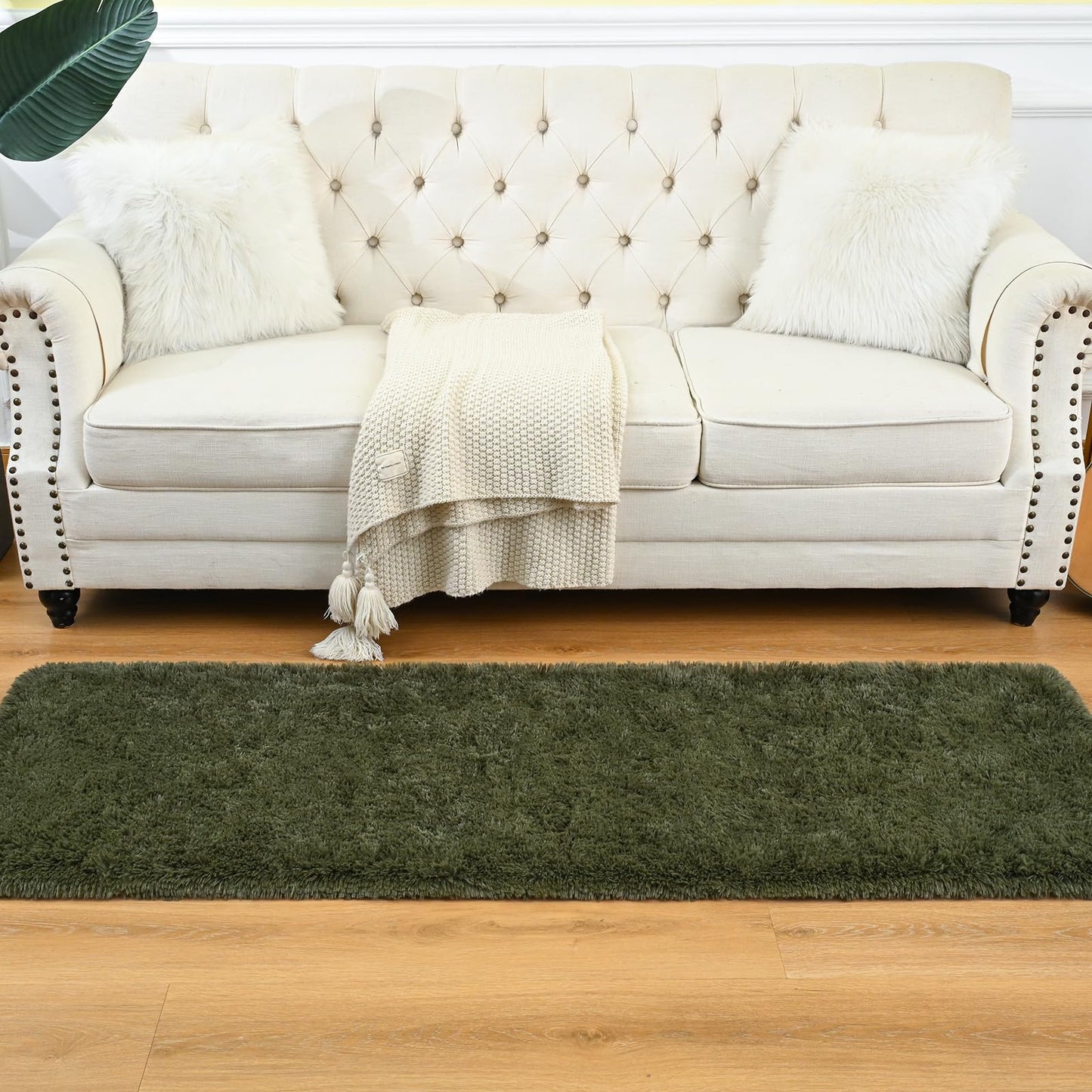 Goideal Fluffy Runner Rug for Bedroom Living Room, 2x6 Olive Green Bedside Rugs, Faux Fur Shag Modern Carpet Ultra Soft Girls Boys Room Home Decor, Solid