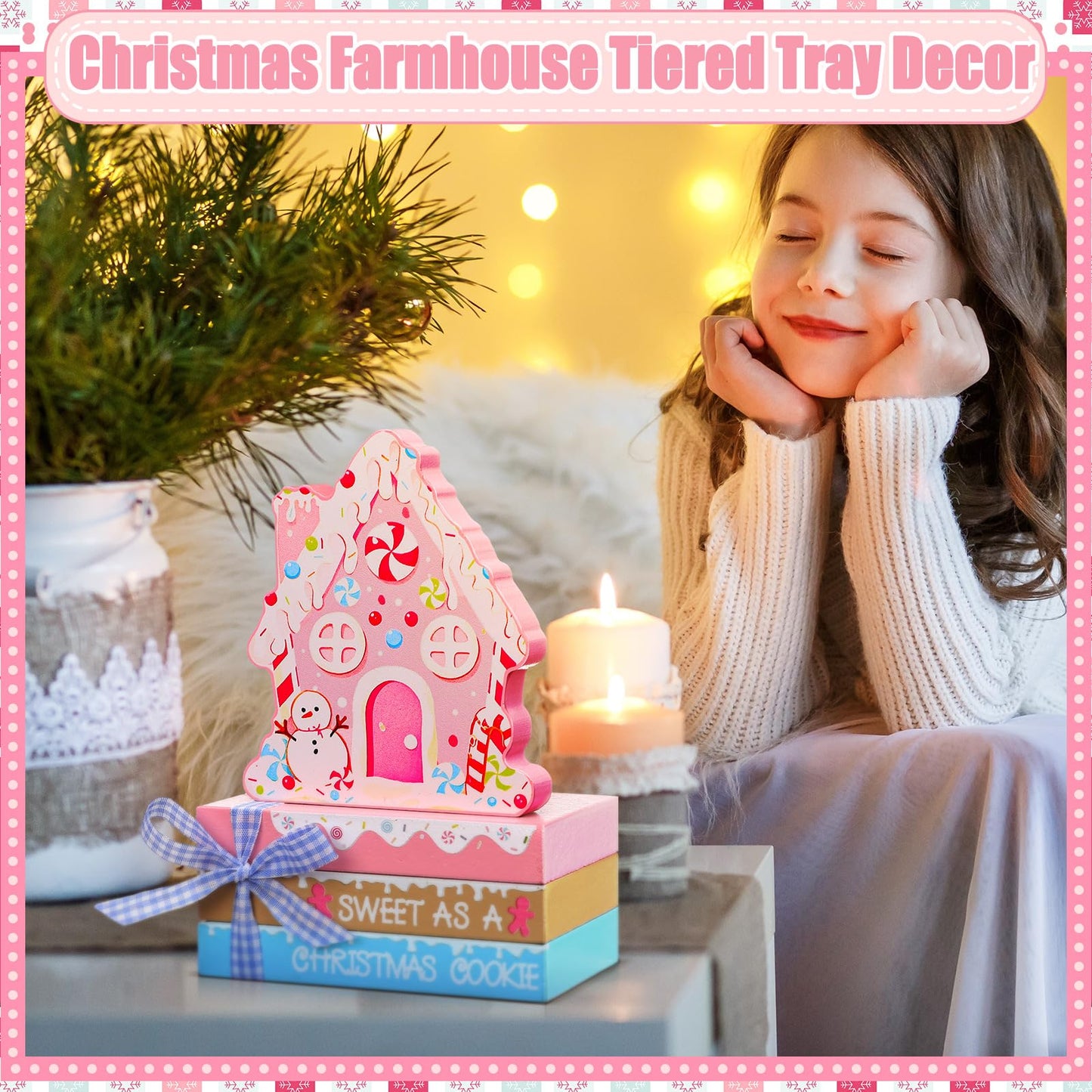 Yalikop 5 Pcs Pink Christmas Table Decor Pastel Gingerbread Man House Sign Gingerbread Tiered Tray Decor Christmas Wood Tabletop Centerpieces for Winter Xmas Home Office Mantel Shelf Fireplace