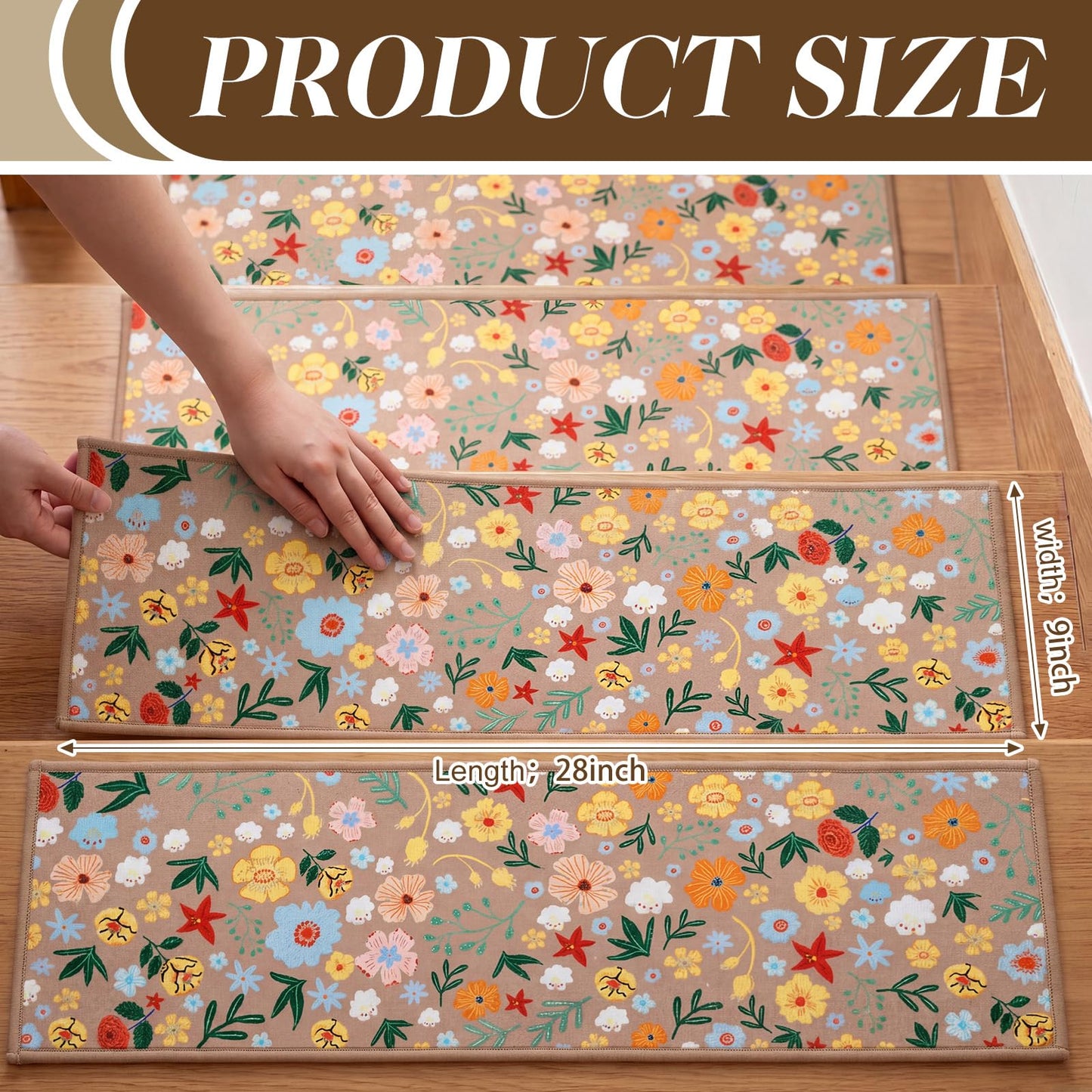Dunzy 4 Pcs Floral Linen Stair Treads for Wooden Steps Indoor 9 x 28 Inch Non Slip Stair Runner Rugs Reusable Safety Mat with TPE Adhesive Backing, Staircase Step Treads for Kids, Elders and Dogs