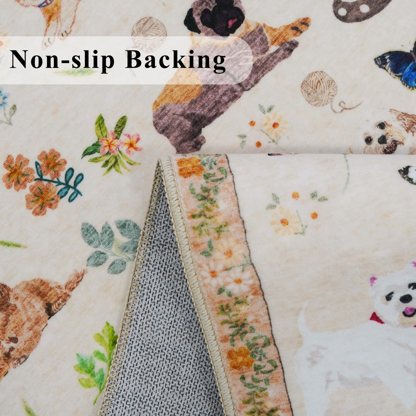 Washable Floral Animal 3x4 Rug: Non-Slip Low Pile Entryway Area Rugs Dog Printed Carpet Stain Resistant Kitchen Runners Soft Beside Floor Mat for Bedroom Kids Room Home Office Laundry(3x4,Beige/Dog