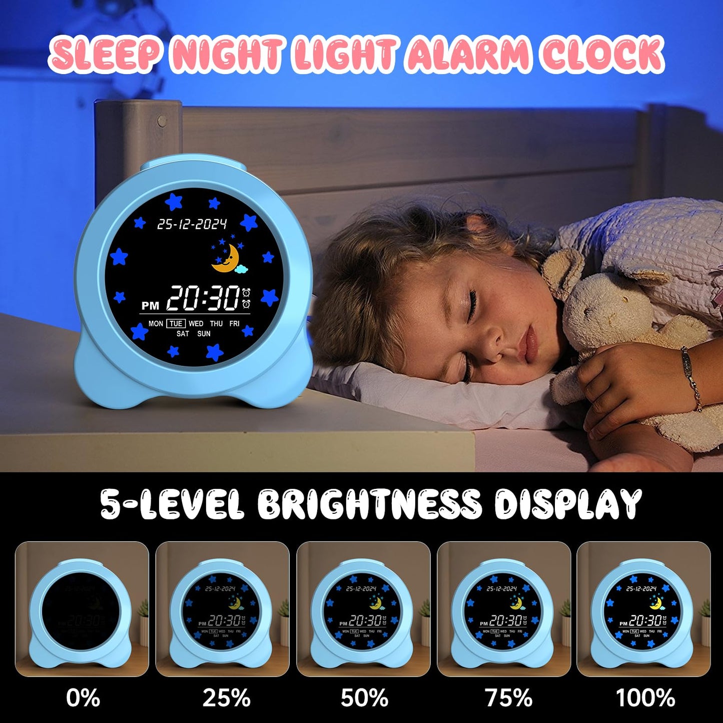 Kids Alarm Clock, Sun & Moon LED Display with Day & Date, Children's Sleep Trainer with Night Light & Sleep Sounds, Cute Wake Up Clock for Kids Bedroom, Easy to Use Birthday Gift for Boy and Girls