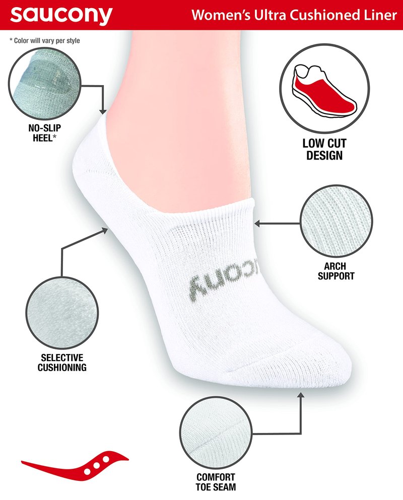 Saucony womens 8 Pairs No Show Cushioned Invisible Liner Socks, White (8 Pairs), Shoe Size 4-7 US