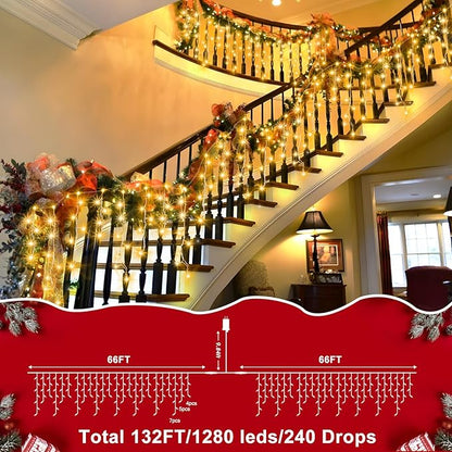 XURISEN 132ft Christmas Lights Decorations Outdoor, 1280 LED 8 Modes Fairy Lights with 240 Drops,Plug in Waterproof Timer Memory Function for Christmas Holiday Wedding Party Decorations(Warm White)