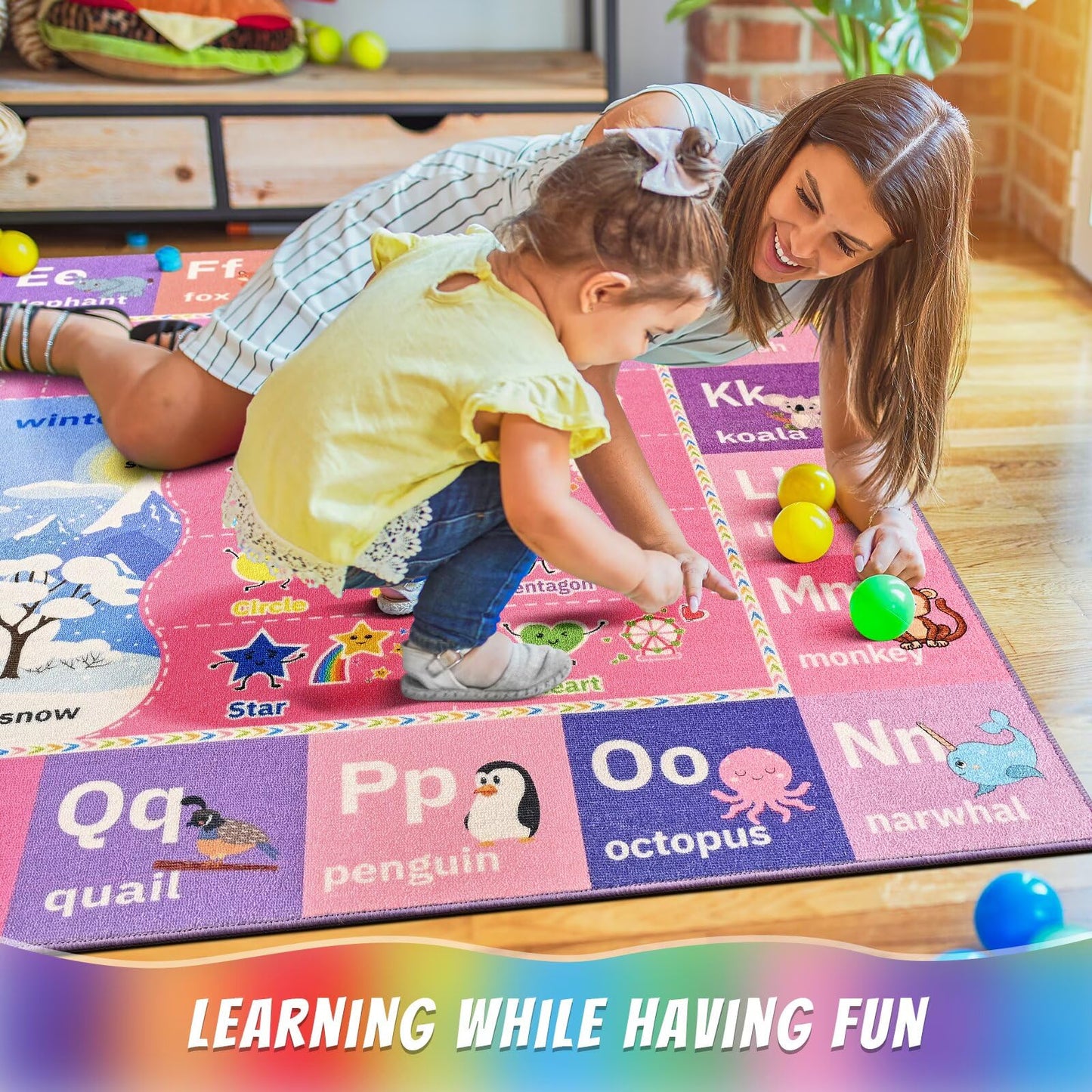 Macgace ABC Kids Rug for Playroom, 3x5 Pink Purple Washable Classroom Area Rugs, Toddler Educational Play Mat with Alphabet Numbers Seasons Shapes, Learning Fun for Preschool Children