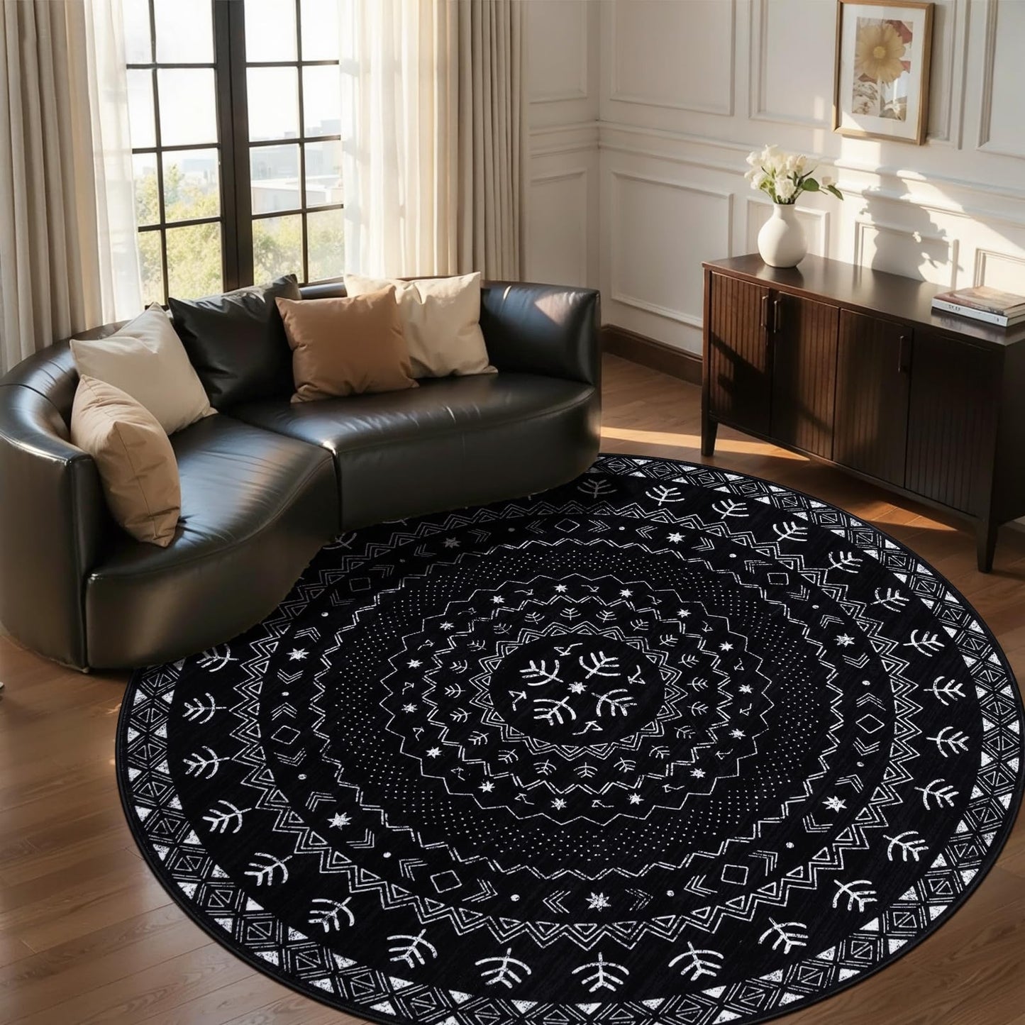 SERISSA Round Area Rug, 5ft Washable Non-Slip Black and White Boho Circle Rug, Soft Low-Pile Geometric Indoor Circular Carpet for Bedroom Entryway Living Room Dining Room