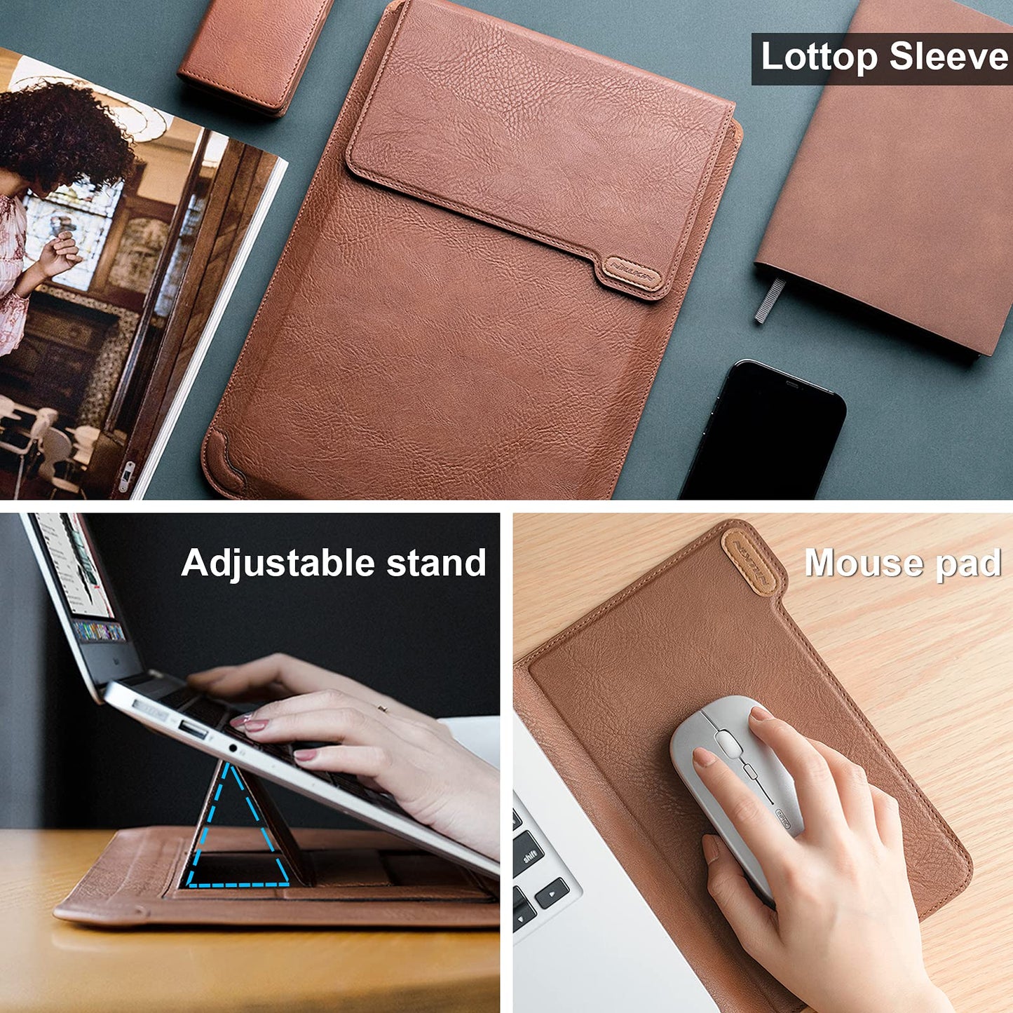 Nillkin Laptop Sleeve 13 inch (3-in-1), MacBook Sleeve with Adjustable Stand & Mouse Pad, 2 Stand Modes, 13 inch Laptop Case, Slim MacBook Accessories for Samsung/Surface/Chromebook/HP 12-14'', Brown