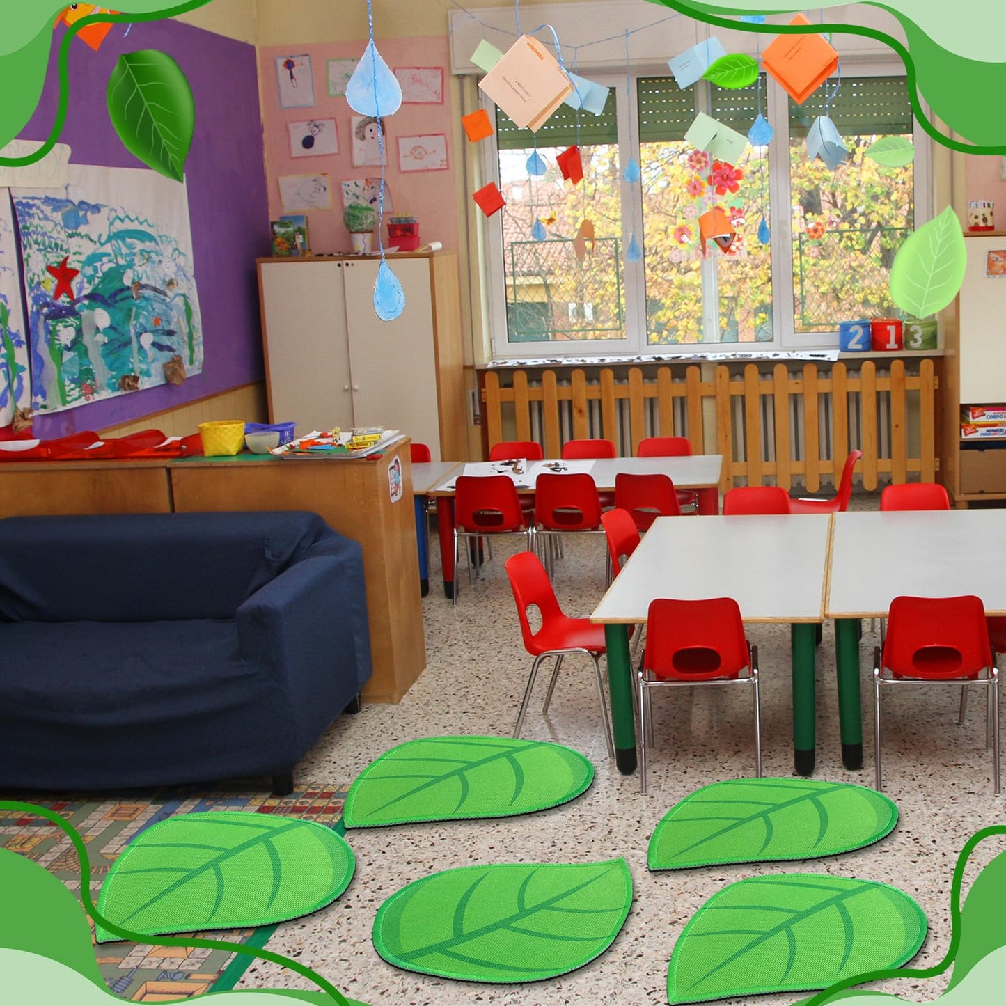 Maasechs 12 Pcs Green Leaf Carpet for Classroom Sitting 16 Inch Classroom Rug Back to School Floor for Preschool Non Slip Carpet Sitting Floor Seats for Preschool Daycares School Learning Playing Area