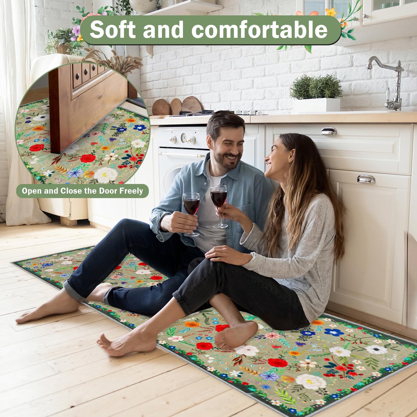 PCSWEET HOME Floral Kitchen Rugs Sets of 3 Non Slip Kitchen Rugs and Mats Washable Farmhouse Kitchen Rugs Spring Floral Kitchen Floor Mat Carpet Runner Rugs for Hallway Laundry Room, Green