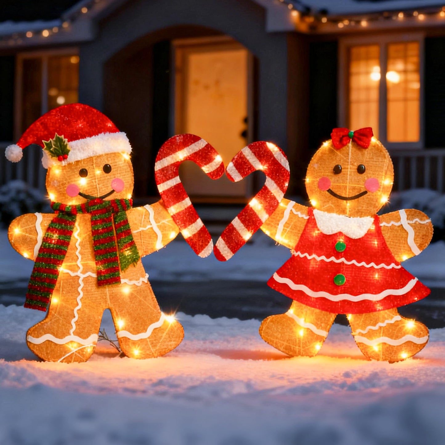 TW SHINE Christmas Outdoor Decorations Yard, Set of 2 Lighted 2D Gingerbread Man with 90 Warm White Lights, Light Up Gingerbread Man Couple for Xmas Holiday Front Garden Patio Lawn Display