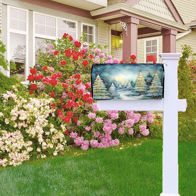 Festive Magnetic Mailbox Cover Christmas Forest Pattern Outdoor Mailbox Protector Holiday Seasonal Decorative Garden Yard Home Standard Size 21 x 18 Inch