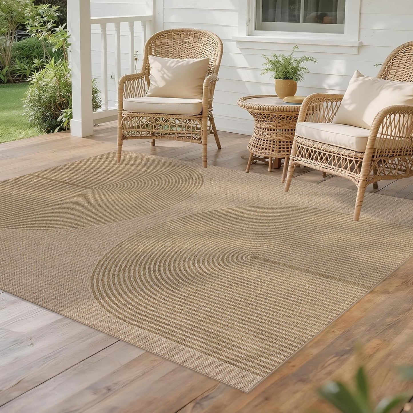 Easy Jute Rug 4x6 Outdoor: Natural Modern Area Rugs for Patio Porch Deck Linen-Look Fabric Durable - Neutral Washable Carpet for Entryway Living Room Bedroom Indoor Non Slip - Geometric Arch Pattern