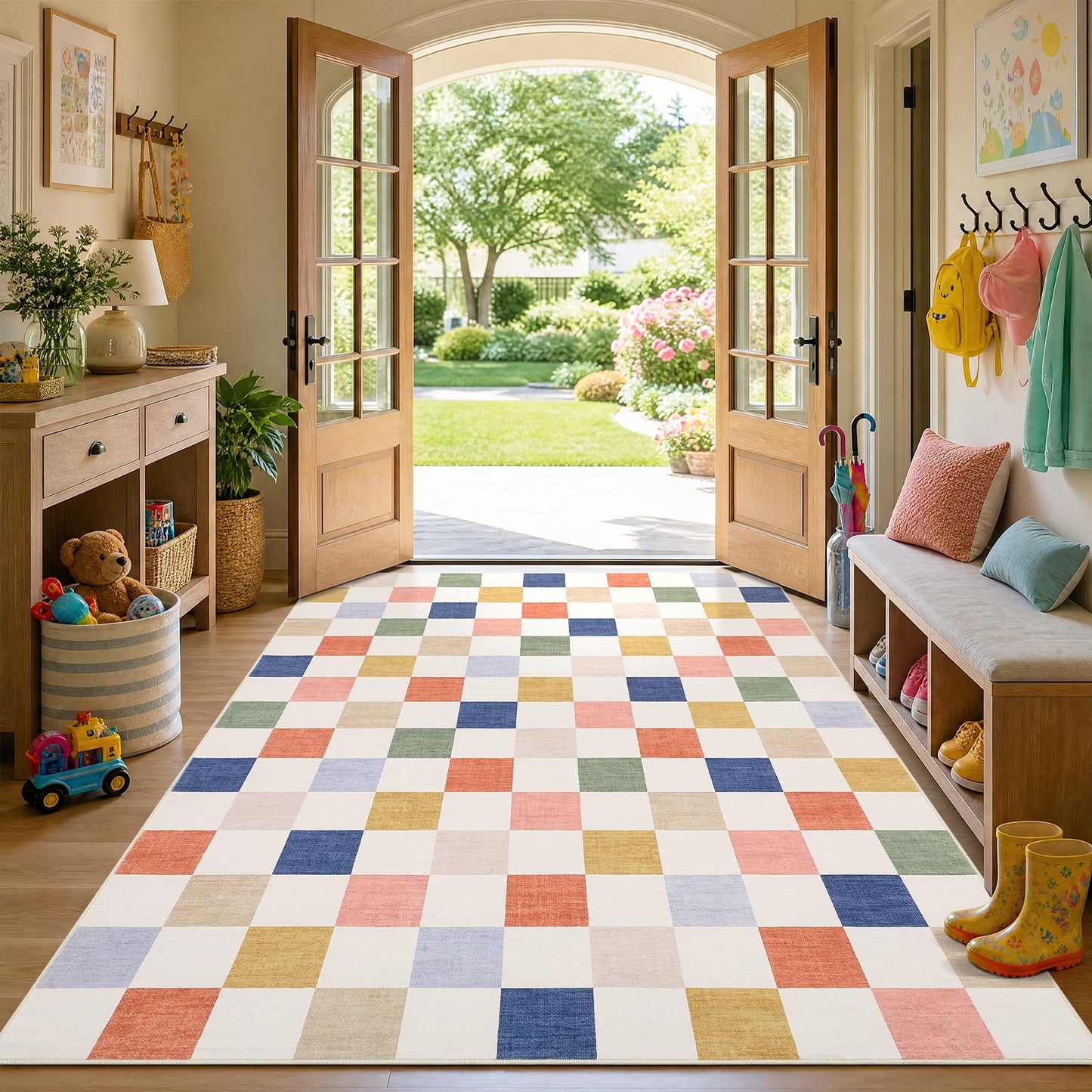 GarveeHome Checkered Nursery Kids Boy Playroom 5x7 Washable Rug Geometric Modern Soft Low-Pile Stain Resistant Rug for Bedroom Living Room Entryway Non-Slip TPE Backing
