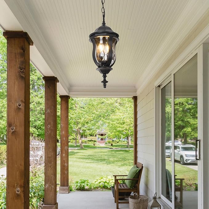 Large Outdoor Pendant Light Fixtures, 19.1'' Exterior Hanging Lantern Porch Light Adjustable, Black Hanging Lamp Farmhouse Exterior Chandelier Ceiling Mount for Entrance Patio