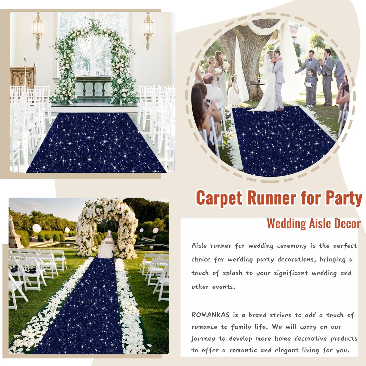 ROMANKAS Glitter Aisle Runner for Wedding Ceremony Navy Blue Aisle Runner 4ftx20ft Event Carpet Aisle Runners Sequin Aisles Runner Shimmer Carpet Runners for Party Baby Shower Bridal Reception Decor