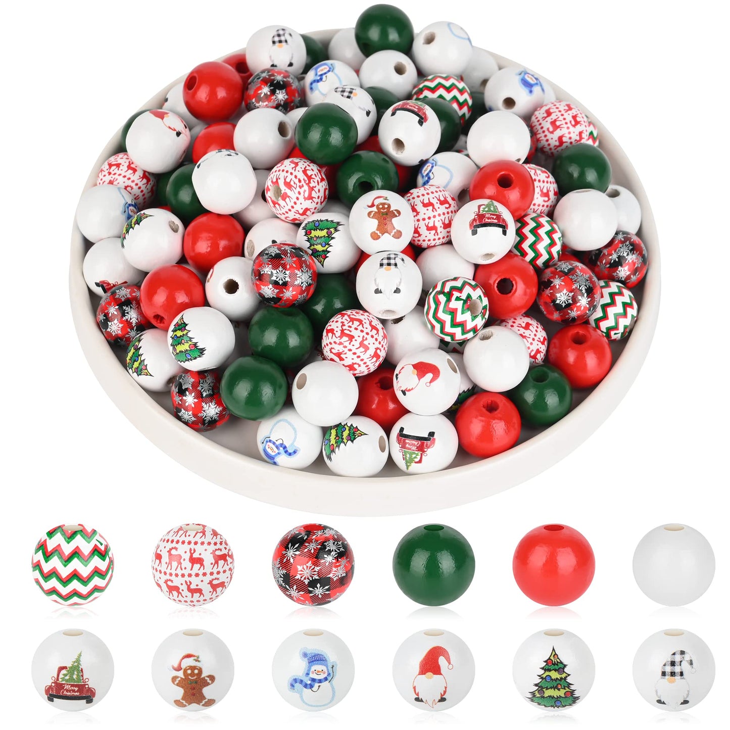 150 Pieces Christmas Wooden Beads Xmas Decorations DIY Craft Wood Bead Snowman gnome Gingerbread Candy Deer Spacer Bubblegum Beads Bulk for Tree Hanging Garland Jewelry Making Home Decor