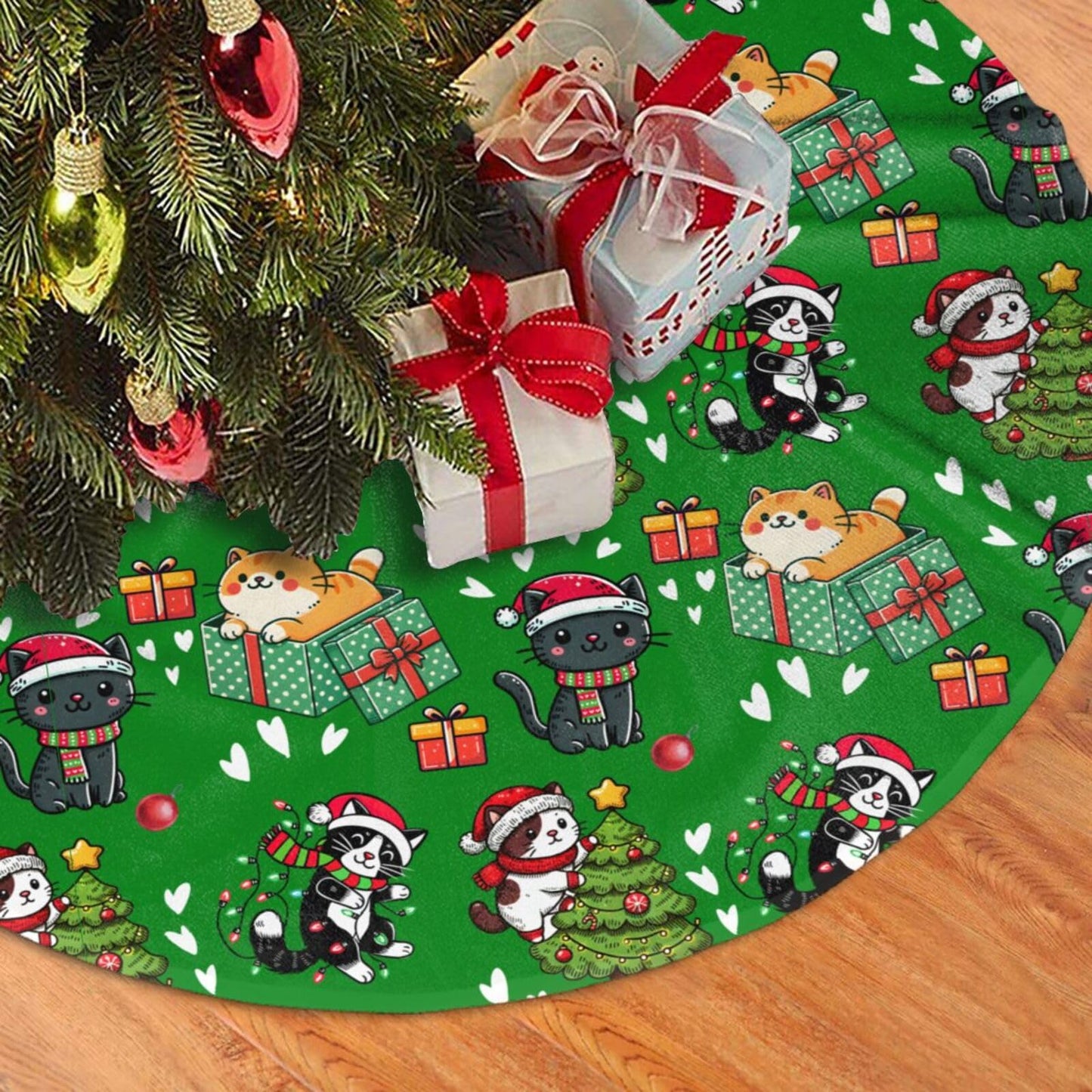 Cute Cats Christmas Tree Skirt, 48 inches Green Kawaii Animal Tree Skirts Santa Xmas Mat Farmhouse Holiday Party New Year Supplies Ornaments Decorations for Mini Small Pencil Big Trees