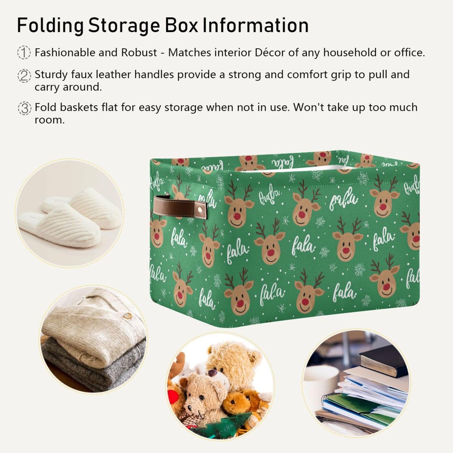 Green Christmas Reindeer Storage Basket with Waterproof Liner and PU Handles Winter Snowflake Xmas Storage Bins Boxes 14.2" Collapsible Decorative Organizer Baskets for Bedroom Closet Office 1 Pack