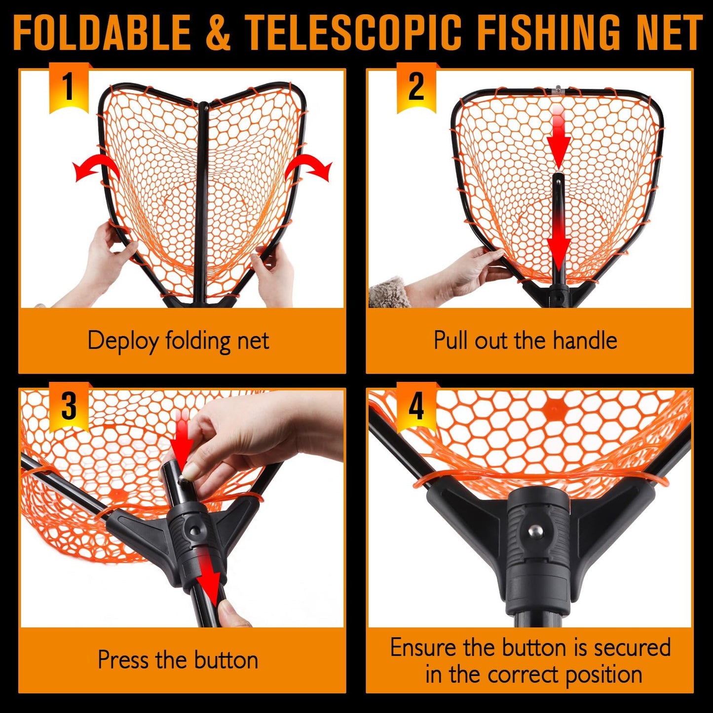 Dovesun Rubber Fishing Landing Nets Telescopic Handle Nets Folding Nets with Collapsible Handle for Catch & Release Fishing Gift 17.6" dia-13.7" Depth Orange