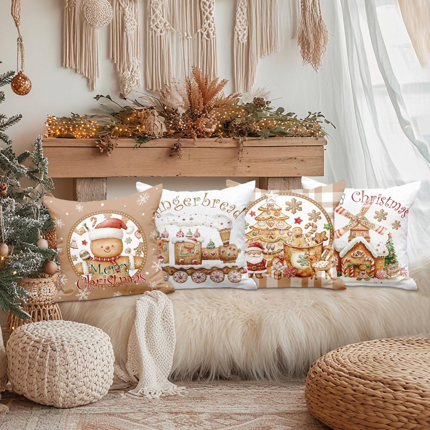 Lanpn Christmas Throw Pillow Covers 18x18 Set of 4, Gingerbread Man House Pillow Covers Christmas Pillowcase Decorative Cushion Cover for Home Bedroom Couch Sofa Decor (Brown)