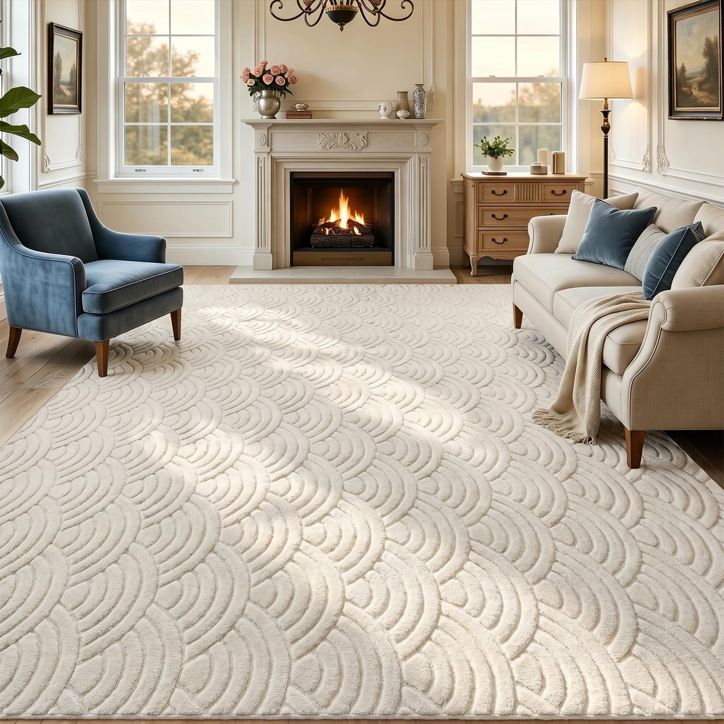 SHACOS Soft Cozy Fluffy Arch Waves Pattern High-Low Textured Area Rug 8'x10' Large Non Slip Washable Minimalist Rug Modern Graphic Rainbow Carpet for Living Room Bedroom Dining Room, Cream
