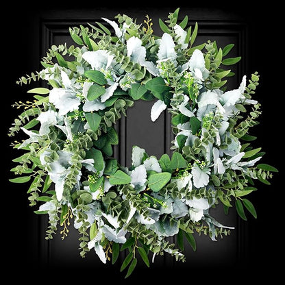 26 Inch Eucalyptus Front Door Wreath for All Season, Large Greenery Lambs Ear Wreath Use for Home Decor Porch Outdoor Indoor Hanging, Modern Farmhouse Style