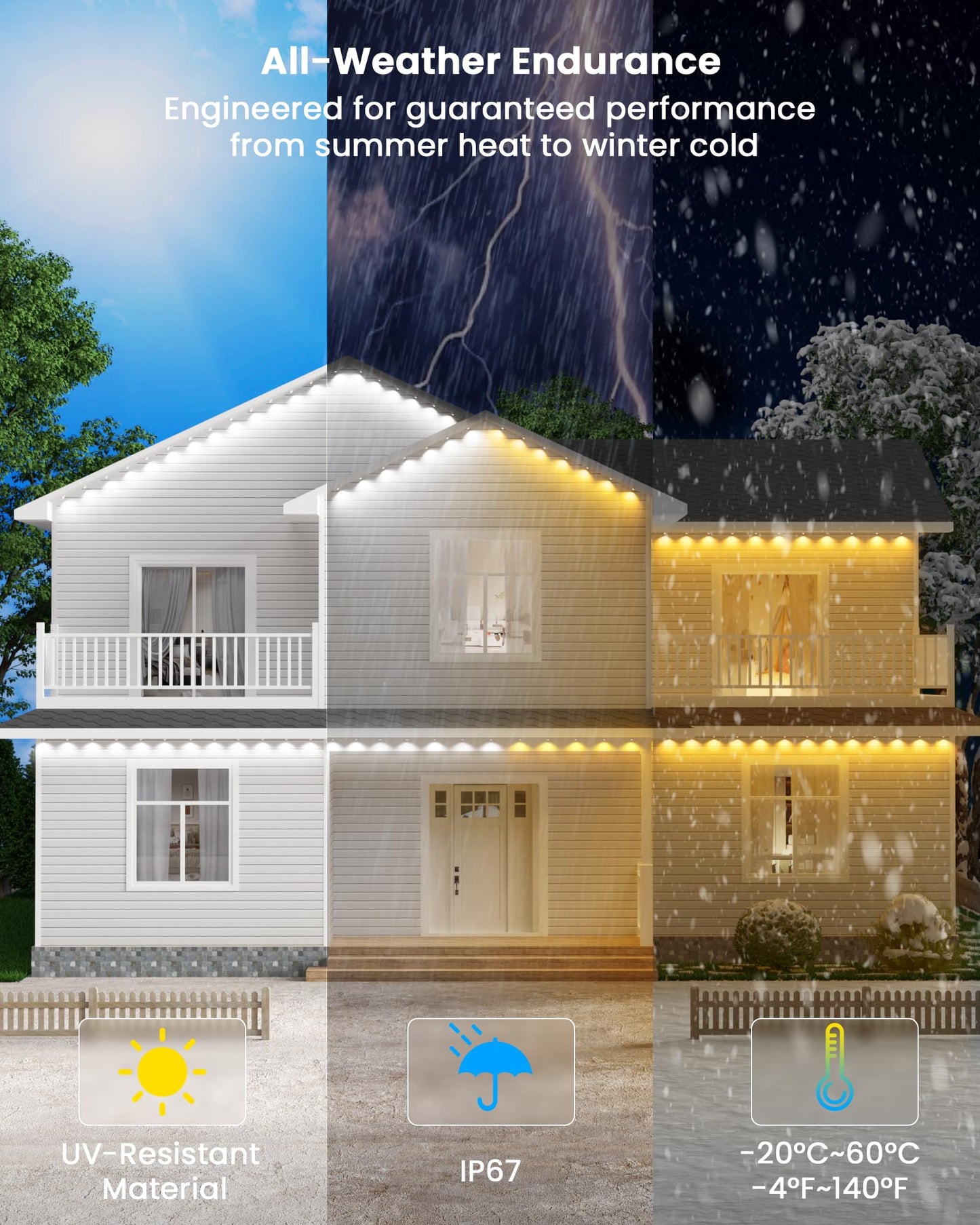 Gefolly Permanent Outdoor Lights Pro, 100ft with 60 RGBW Double-LED Lights 111 Scene Modes for Daily, Halloween, Christmas, IP67 Waterproof for Outdoor Decor, Works with Alexa, Google Assistant, White