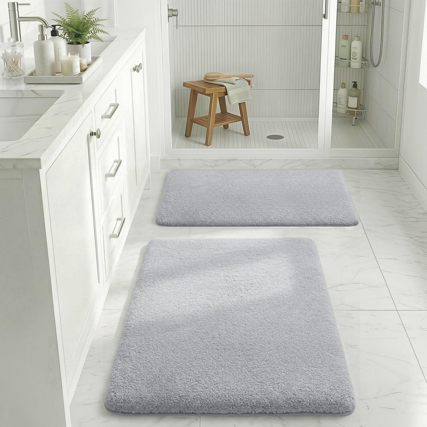 MINIDEAR Bathroom Rugs Sets 2 Piece - Thick Memory Foam Bath Mat, Ultra Soft, Plush Fluffy, Non-Slip, Quick Dry, Absorbent Washable Mat for Tub, Home Decor (24x17 & 32x20 Inch, Light Gray)