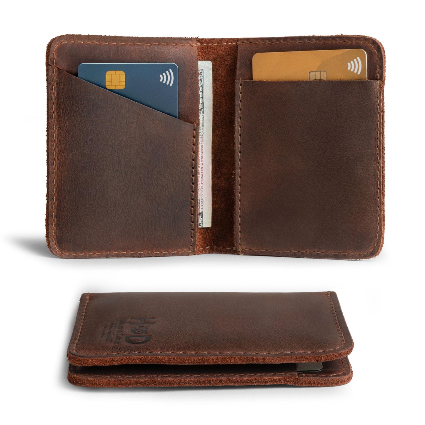 Hide & Drink, Bifold Wallet, Slim Card Holder, Minimalist Traveler Wallet, Vintage Front Pocket Wallet, Full Grain Leather, Handmade, Bourbon Brown