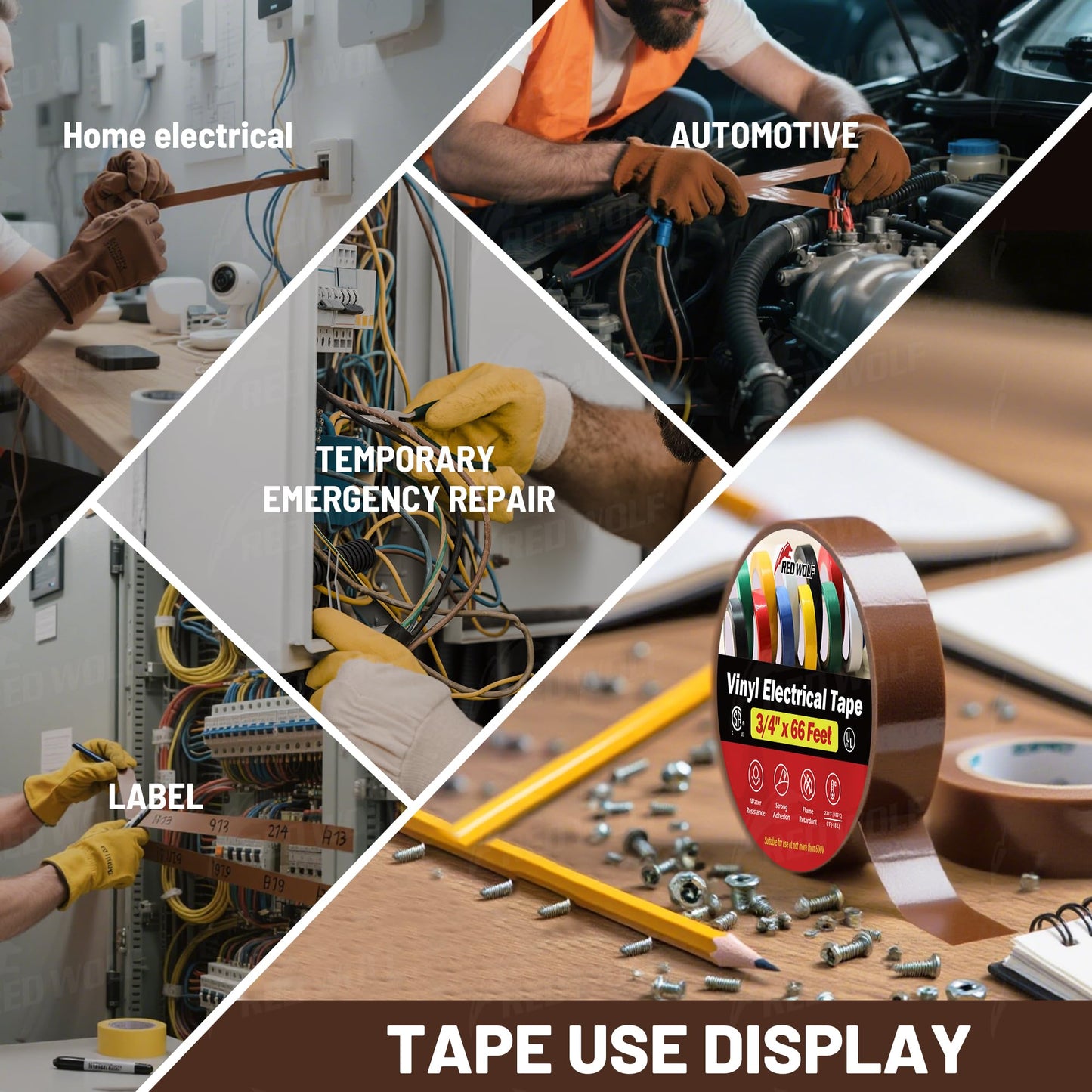 RED WOLF 5 Pack Brown Electrical Tape 3/4 Inch x 66 Ft Industrial Grade UL/CSA Listed 7 Mil Thick Flame Retardant High Temp Waterproof Electrical PVC Tape Electric Super Vinyl Rated 600V