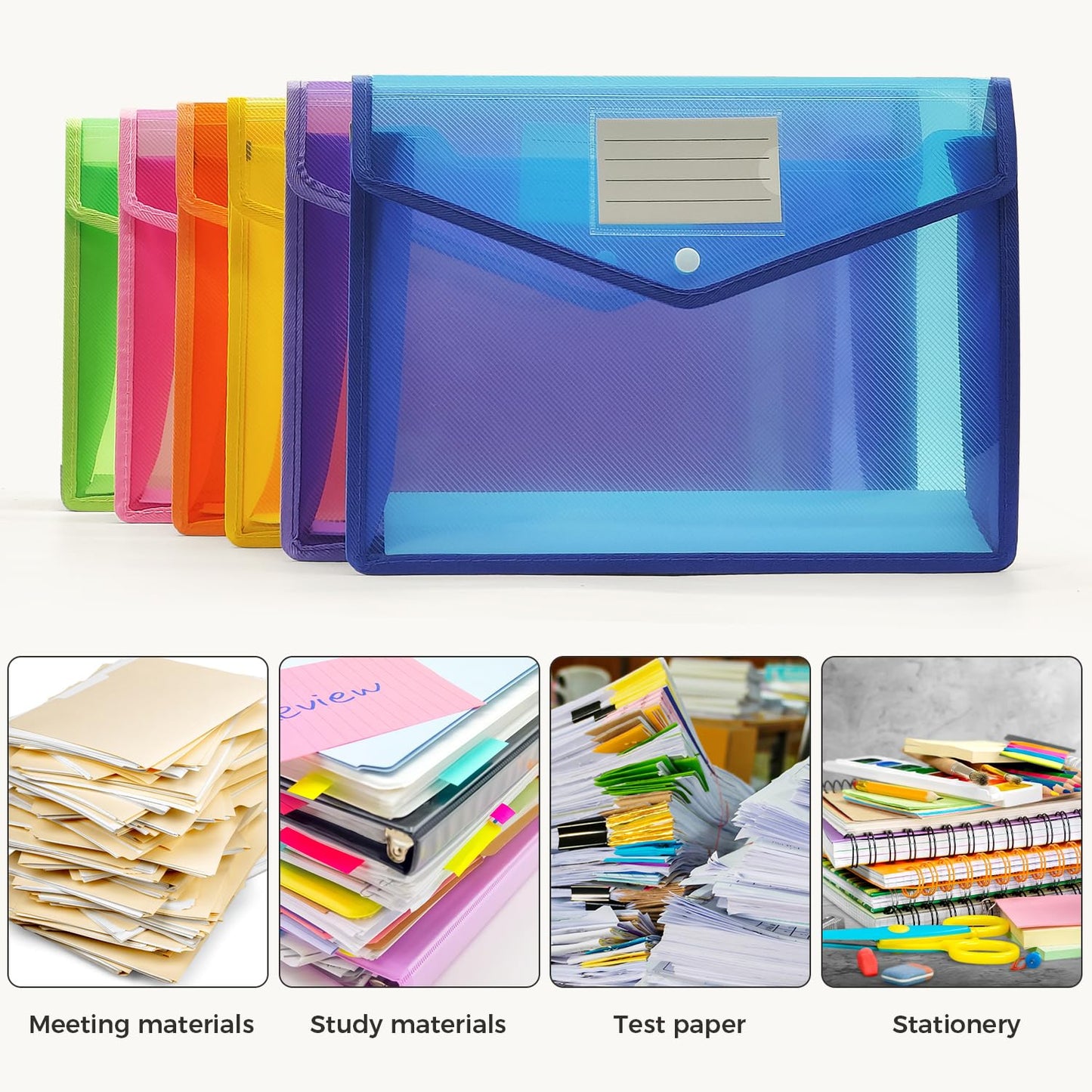 Ecerangus Plastic Expanding File Folder, Envelope Folders for Documents, Waterproof Transparent Expandable File Folder, Large Capacity, Fit Letter/A4 Size (Multicolor-6 Pack)