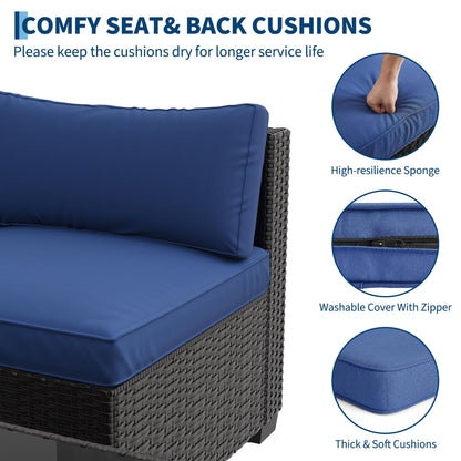 GarveeHome 7-Piece Modular Outdoor Patio Set, Sectional Rattan Wicker Sofa with Water-Resistant & Washable Thick Blue Cushions, Includes Coffee Table, Black Frame for Garden, Deck, Poolside