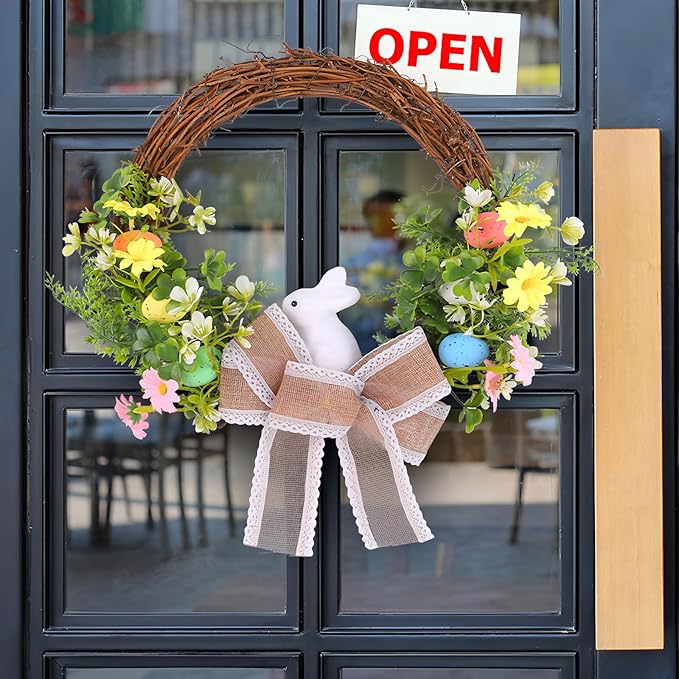 Spring Easter Wreath with Bunny, Floral Decorations, Burlap Bow, 14 inches