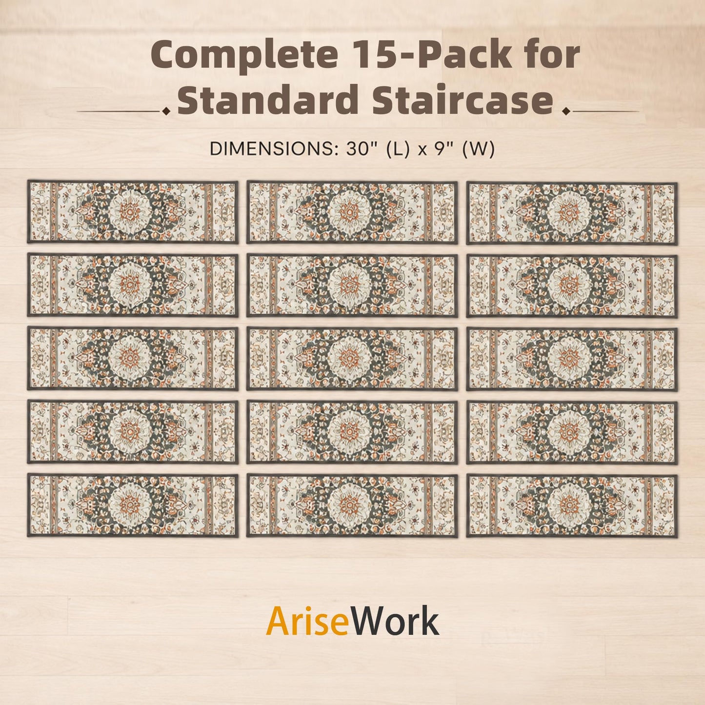 AriseWork 9" x 30" Extra Wide Stair Treads for Wooden Steps (15 Pack) - Non Slip Indoor Carpet Stair Runners for Dogs & Seniors - Ergonomic Anti-Slip Rugs for Hardwood, Peel & Stick, Washable, Brown