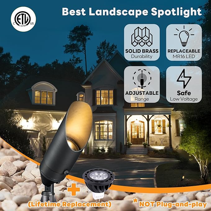 Gardenreet Die-Cast Brass Spot Light Outdoor - 12V Uplighting Waterproof, LED Low Voltage Landscape Lights Metal, Bronze for Fence Fountain with Bright White MR16 Replaceable Bulbs (12 Pack)
