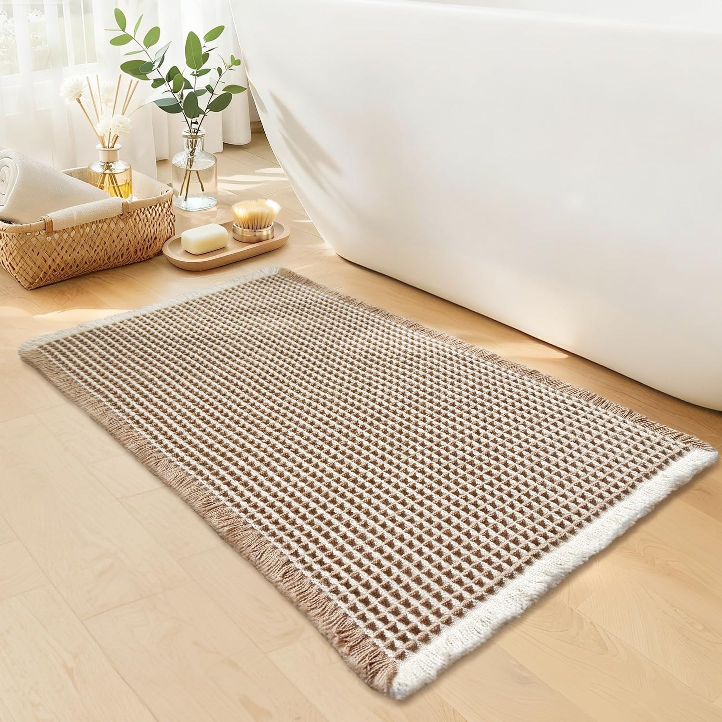 GRLYUH Waffle Bath Mat - Boho Bathroom Rugs Non Slip Washable, Super Absorbent & Quick Dry, Soft Bath Mat Farmhouse Bathroom Decor, 24'' x 36'', Khaki and White