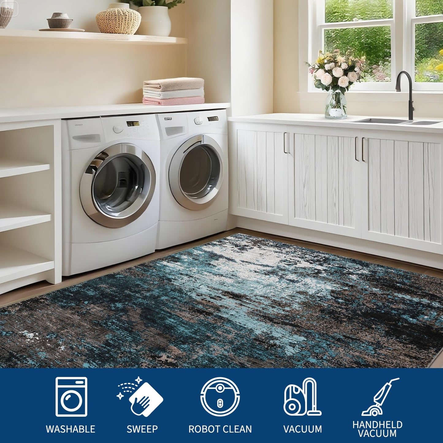 GarveeHome Washable Area Rugs 2x6 Non-Slip Abstract Runner Rugs, Ultra-Soft Low Pile Floor Cover, Stain Resistant Contemporary Indoor Floor Carpet for Hallway, Bedroom, Laundry, Blue Green