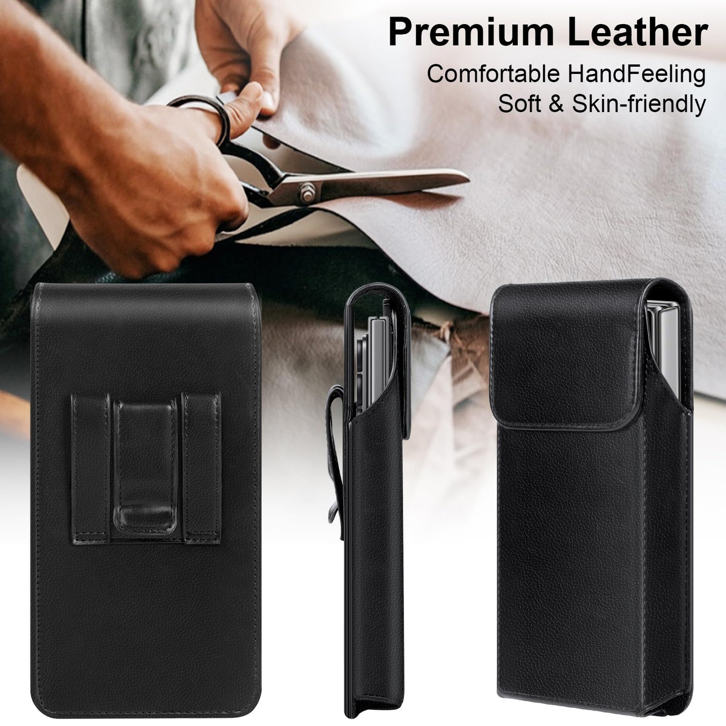 Leather Phone Holster for Samsung Galaxy Z Fold 7/6/5/4/3 Case with Belt Clip for iPhone 16/15/14/13 /12/11 Pro Max & Galaxy S26/S25/S24/S23 Ultra Cover Carrying Pouch Card Holder(V Black)