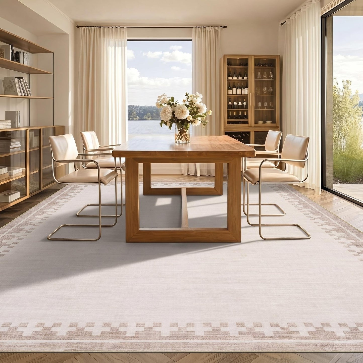 GarveeHome 9x12 Large Beige Area Rugs Cross Bordered Washable Low Pile Indoor Carpet Perfect for Living Room Home Office Bedroom Modern Non Slip Soft Dining Room Farmhouse Rug, Light Camel/Seashell