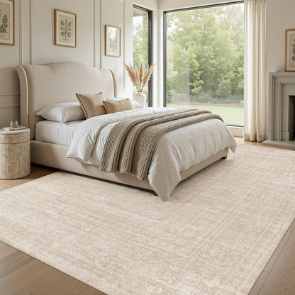 Nakagishi 10x14 Area Rugs Living Room: Washable Large Vintage Rug Neutral Non-Slip Soft Stain Resistant Indoor Carpet for Bedroom Nursery Dining Room Office Playroom - Beige