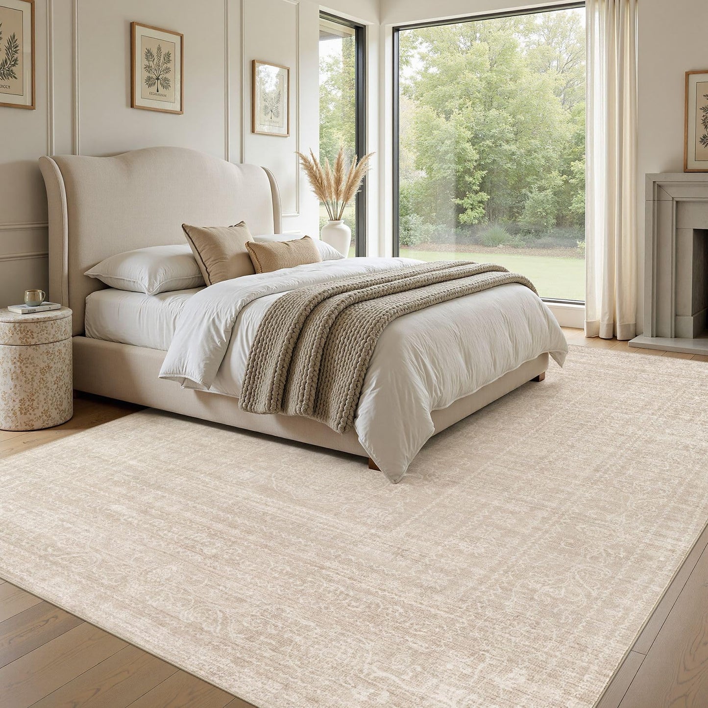 Nakagishi 9x12 Area Rugs Living Room: Washable Large Vintage Rug Neutral Non-Slip Soft Stain Resistant Indoor Carpet for Bedroom Nursery Dining Room Office Playroom - Beige