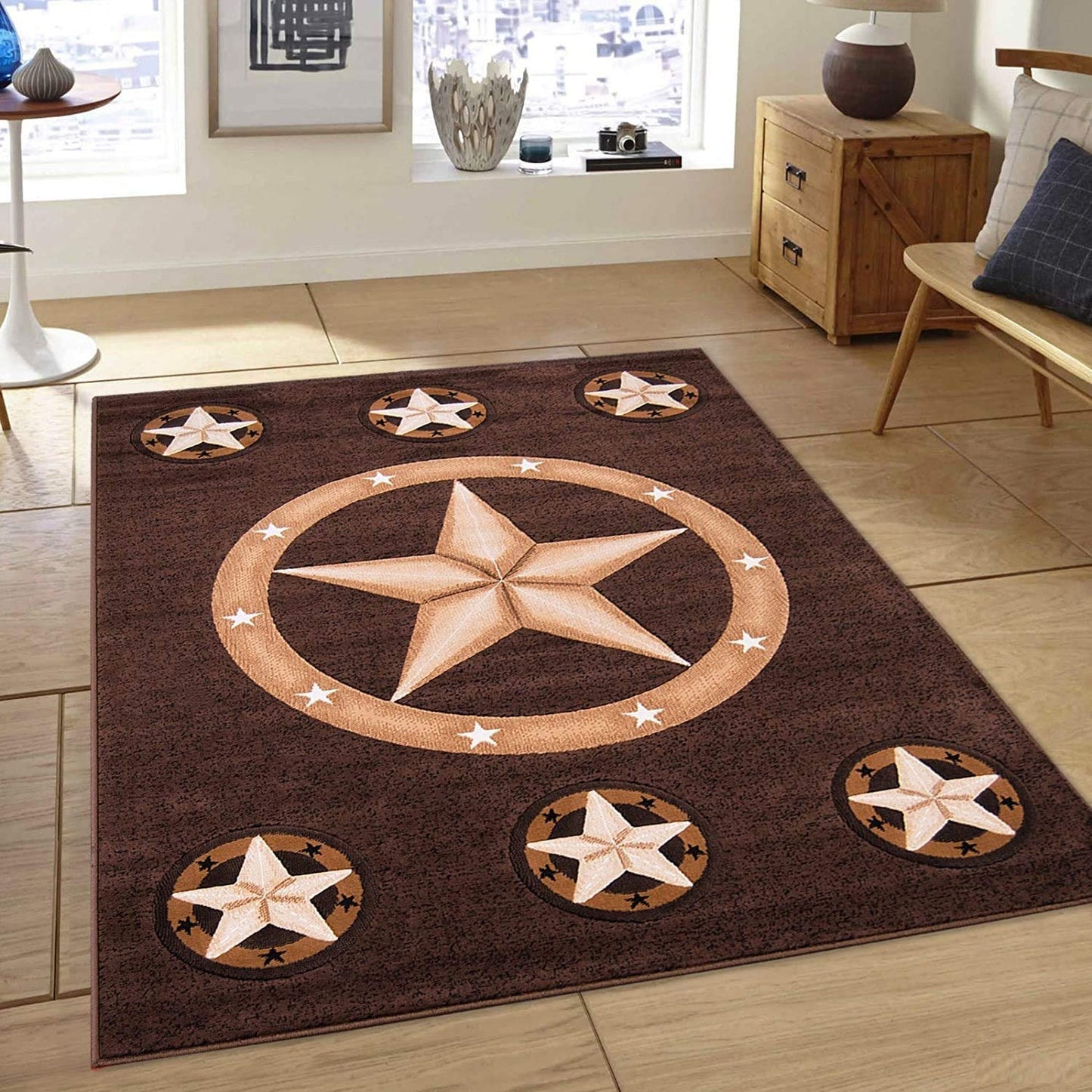 Champion Rugs Western Barn Farmhouse Star Texas Star Rustic Cowboy Country Area Rug Brown Carpet (5’ 3” X 7’ 5”)