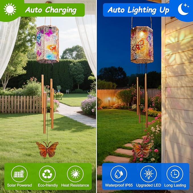 Homeimrpo Solar Lights Wind Chimes for Outside, Butterfly 3D Multicolor Waterproof Solar Lantern Chimes Outdoor Lights LED Hanging Decor for Garden, Patio, Yard Gifts for Mom Grandma
