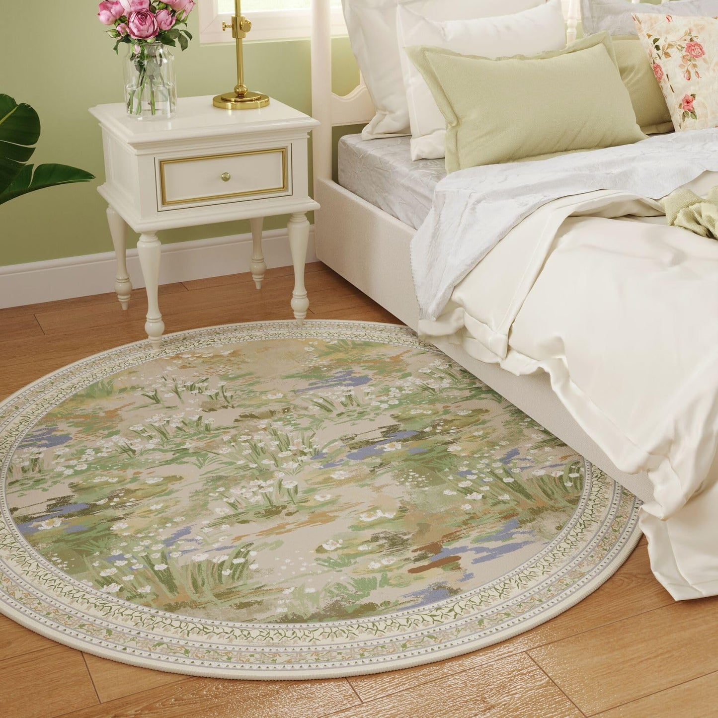 Rugcomf Circle Rug Impressionist-Style Vintage Round Rug 4ft Non Slip Low Pile Small Circular Rug for Bedroom Bathroom Entryway Kids Room Office College Dorm, Beige