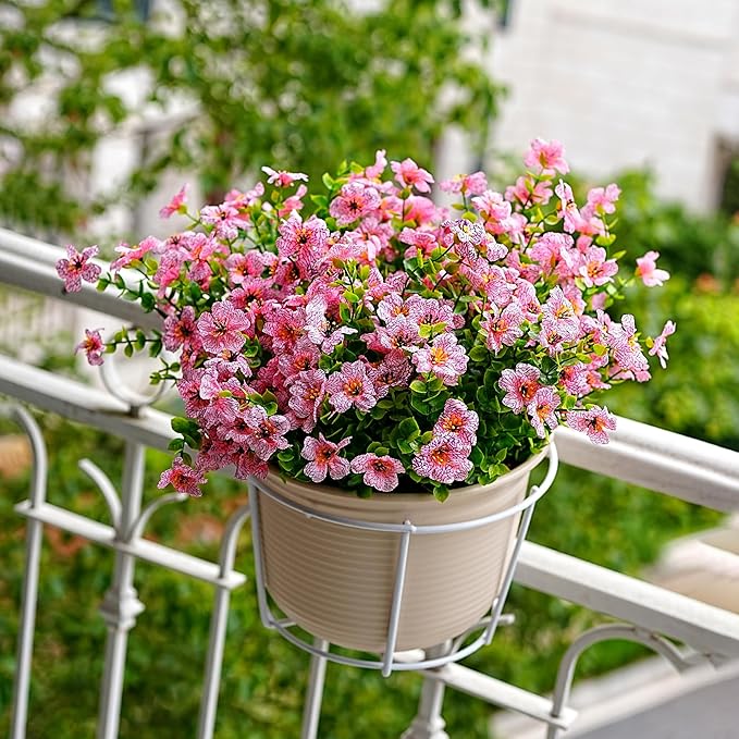 Outdoor Artificial Flowers, 8 Bundles Fake Flowers Summer Decoration, No Fade Faux Plastic Shrubs for Garden Patio Porch Window Box Decor (Pink)
