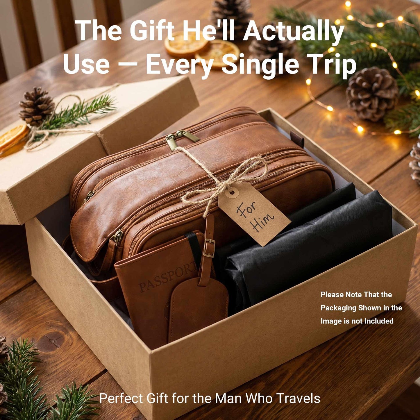 OXYEFEI Men's Travel Toiletry Bag,PU Leather Waterproof Large Travel Shaving Dopp Kit Bag,Include Passport Holder Leather Luggage Tag for Travel Essentials (Light Brown)